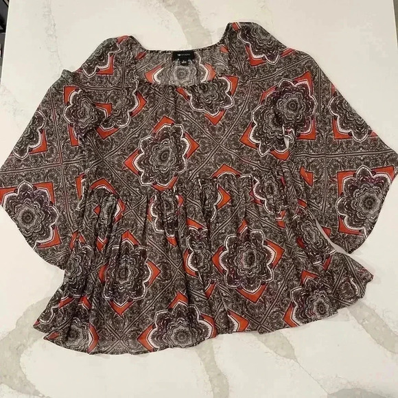 AB Studio Floral Paisley Sheer Blouse Boho Flared Sleeve Women's Large Hippie - Picture 1 of 7